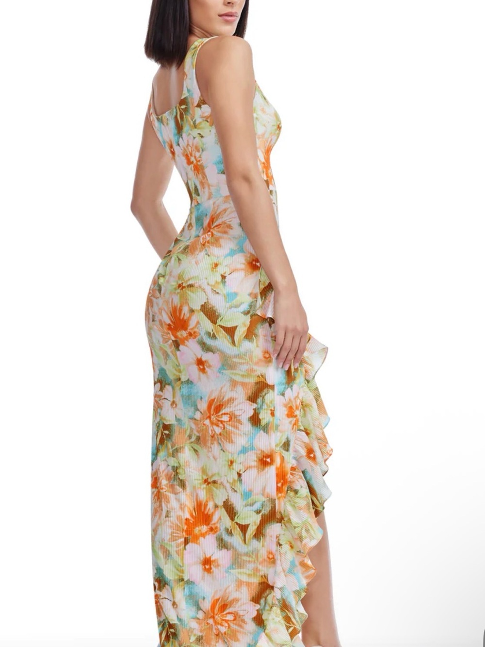 Dress the Population Floral High-Low Maxi Dress in Orange & Green - Picture 4 of 9